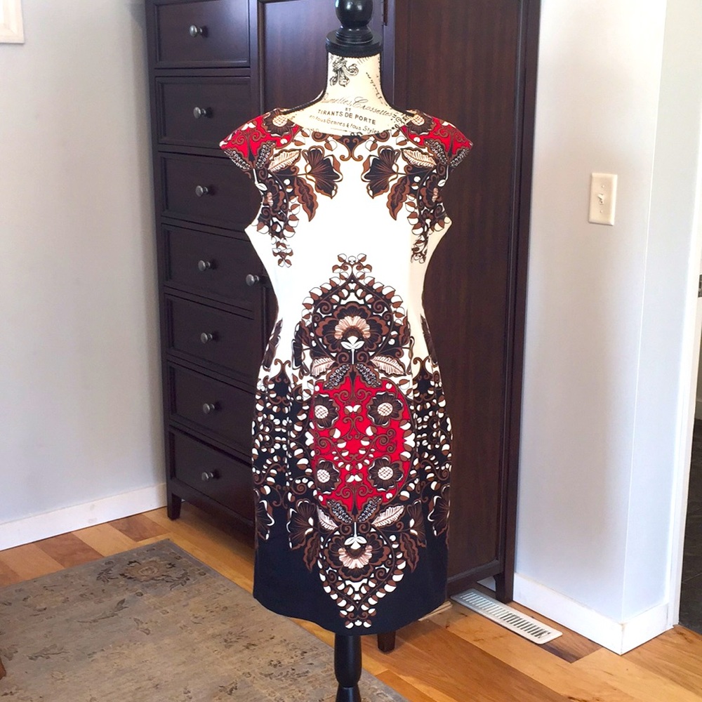 London style sheath dress BoHo print cap sleeve